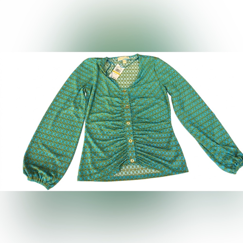 Michael Kors Teal & Gold Patterned Ruched Button-Down Top